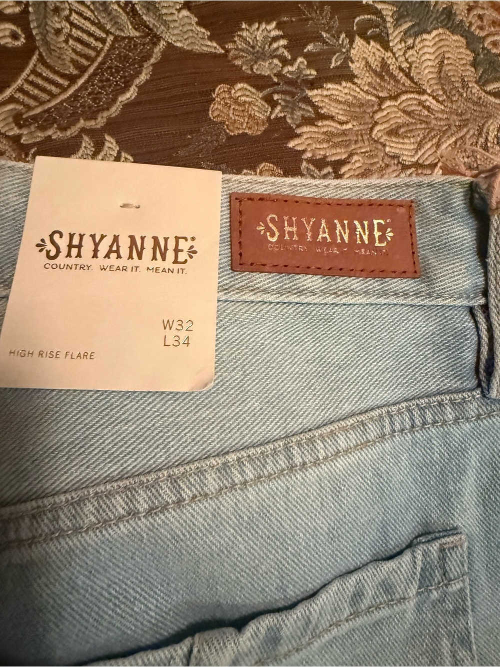 Shyanne Light Blue High-Rise Flare Jeans with Brown Leather Patch